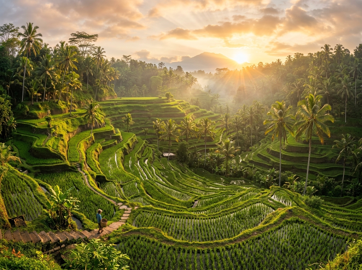 Tegallalang emerald green rice terraces in Ubud Bali at sunrise
